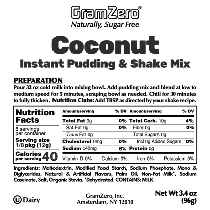 Coconut Gramzero Sugar Free Pudding Mix Without Aspartame Ingredients and Nutrition