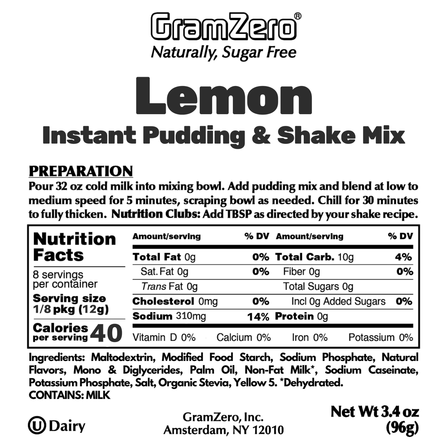 Lemon Gramzero Sugar Free Pudding Mix Without Aspartame Ingredients and Nutrition