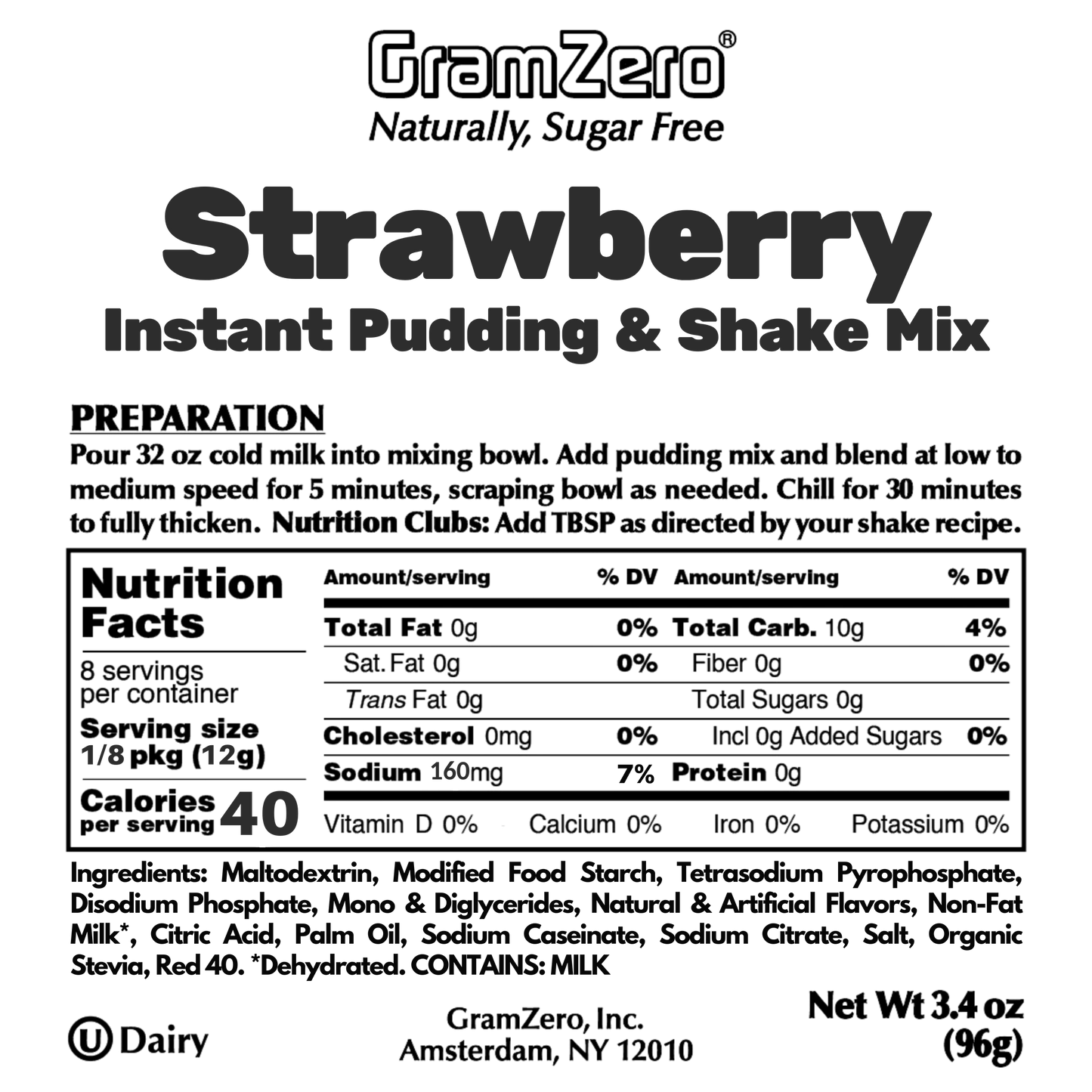 Strawberry Gramzero Sugar Free Pudding Mix Without Aspartame Ingredients and Nutrition