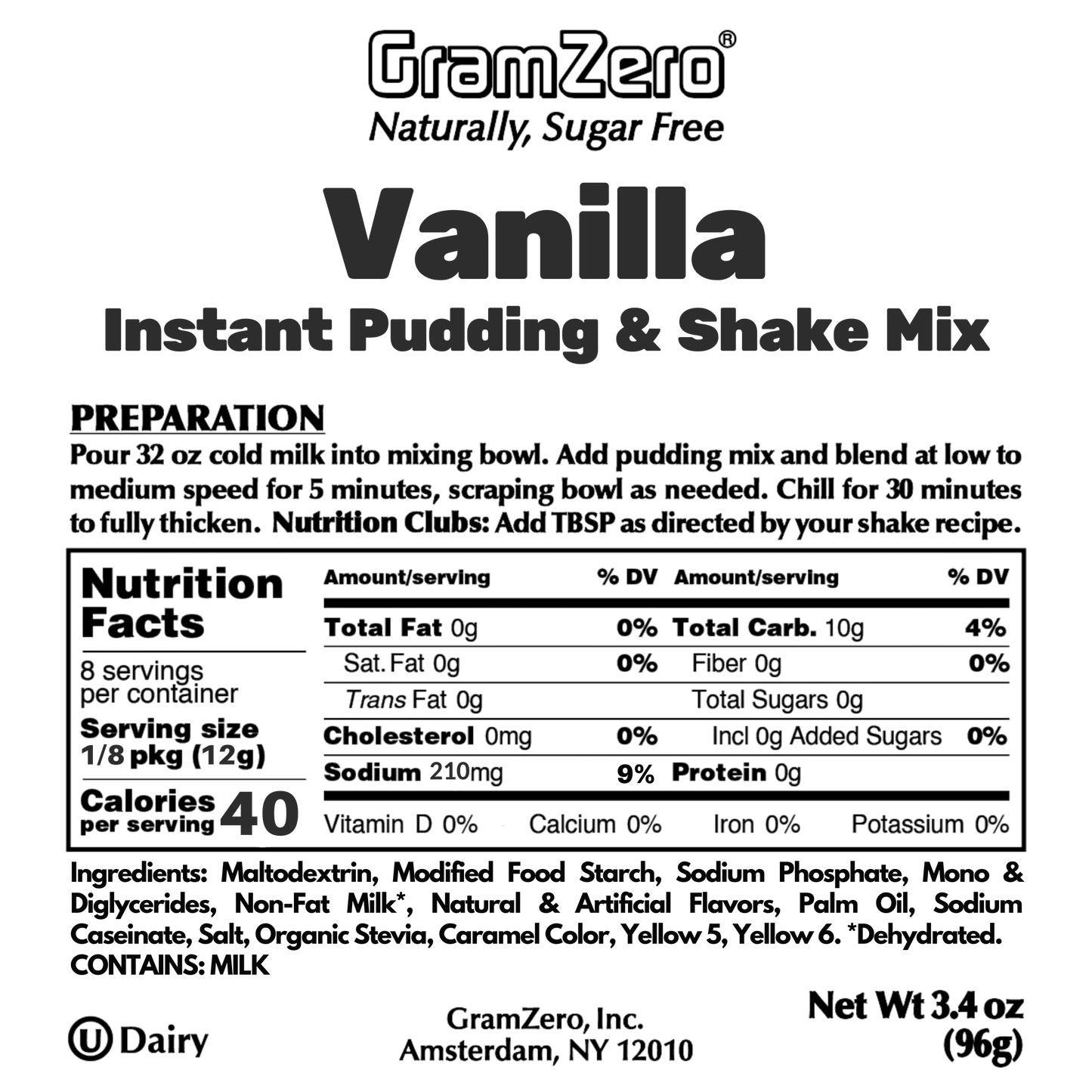 Vanilla Gramzero Sugar Free Pudding Mix Without Aspartame Ingredients and Nutrition