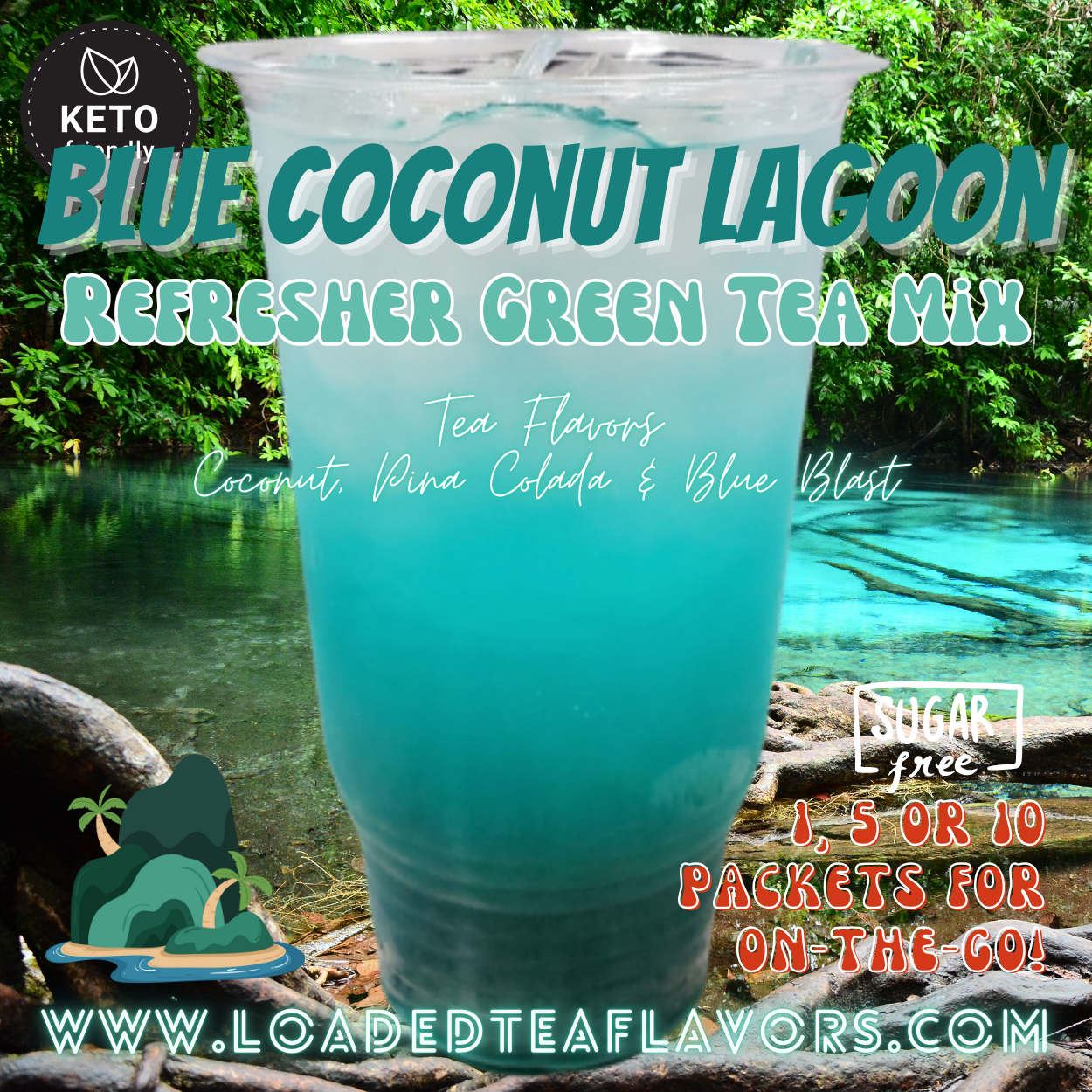 Blue Coconut Lagoon: Refresher Green Tea Keto Beverage Powder 2GO Packets