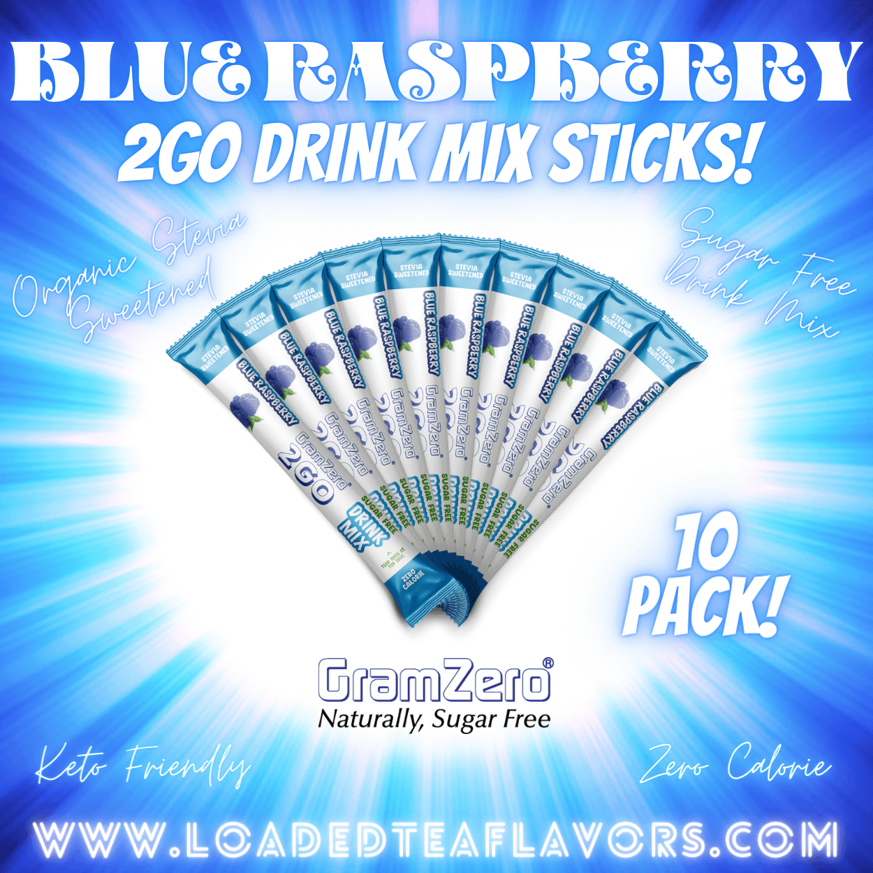 Blue Raspberry Sugar Free Healthy Flavored Water Packets Without Aspartame Gramzero Stevia Drink Mix 2GO Sticks