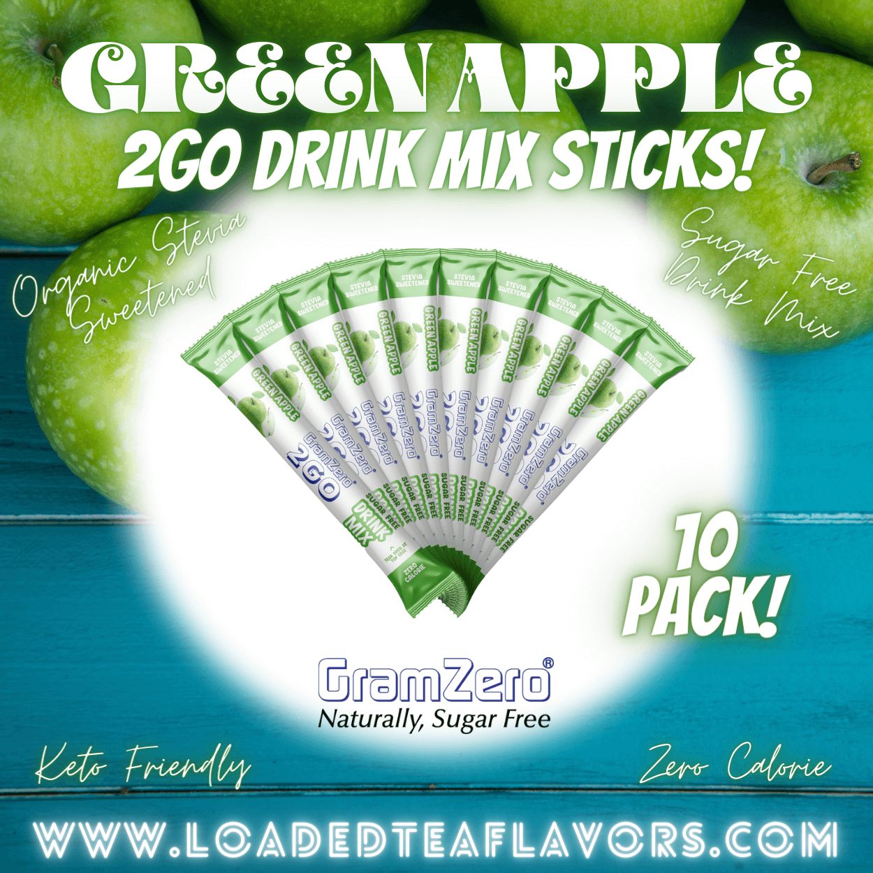 Green Apple Sugar Free Healthy Flavored Water Packets Without Aspartame Gramzero Stevia Drink Mix 2GO Sticks