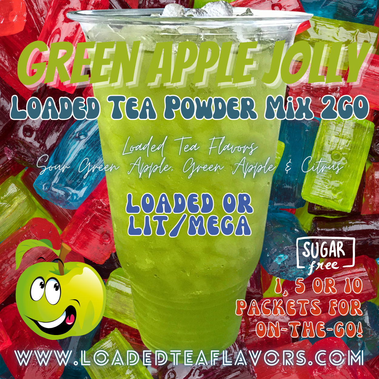 Green Apple Jolly Loaded Tea Powder Mix for Vitamin Tea Energy Drink Make Loaded Teas at Home Lit Mega