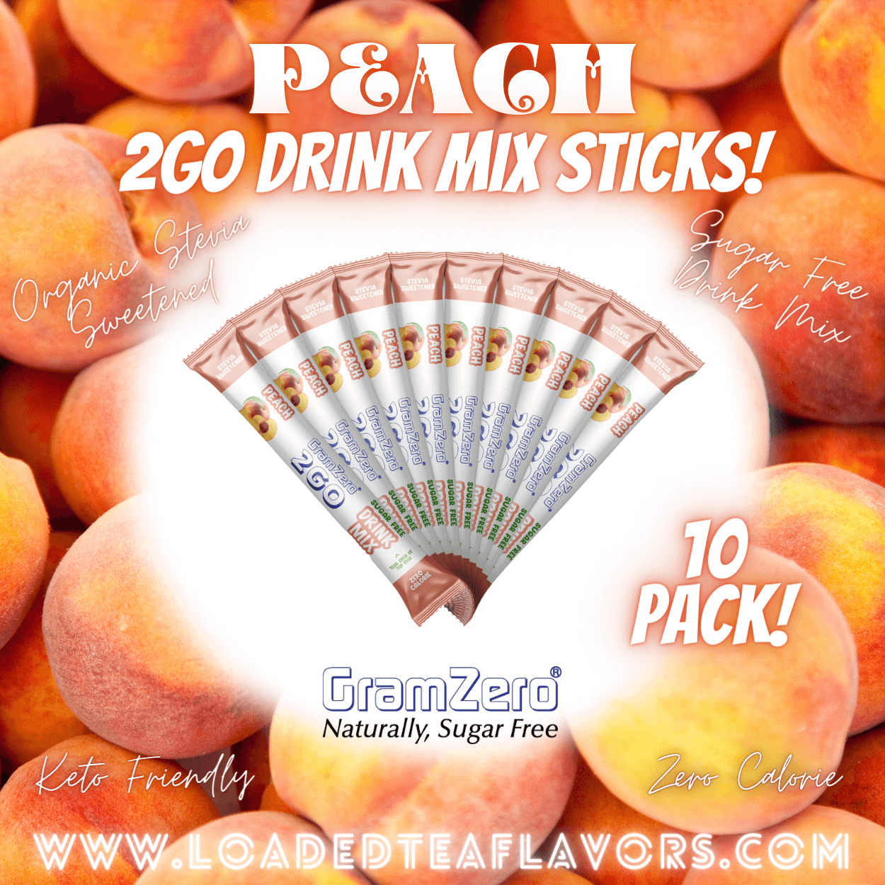 Peach Sugar Free Healthy Flavored Water Packets Without Aspartame Gramzero Stevia Drink Mix 2GO Sticks