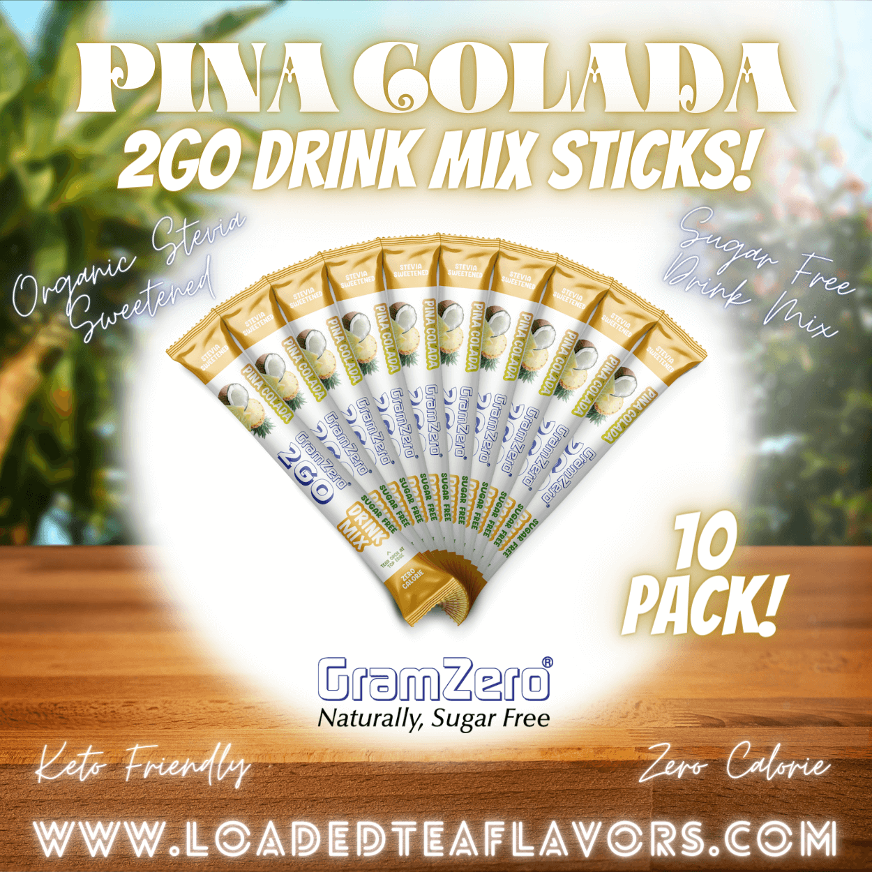 Pina Colada Sugar Free Healthy Flavored Water Packets Without Aspartame Gramzero Stevia Drink Mix 2GO Sticks