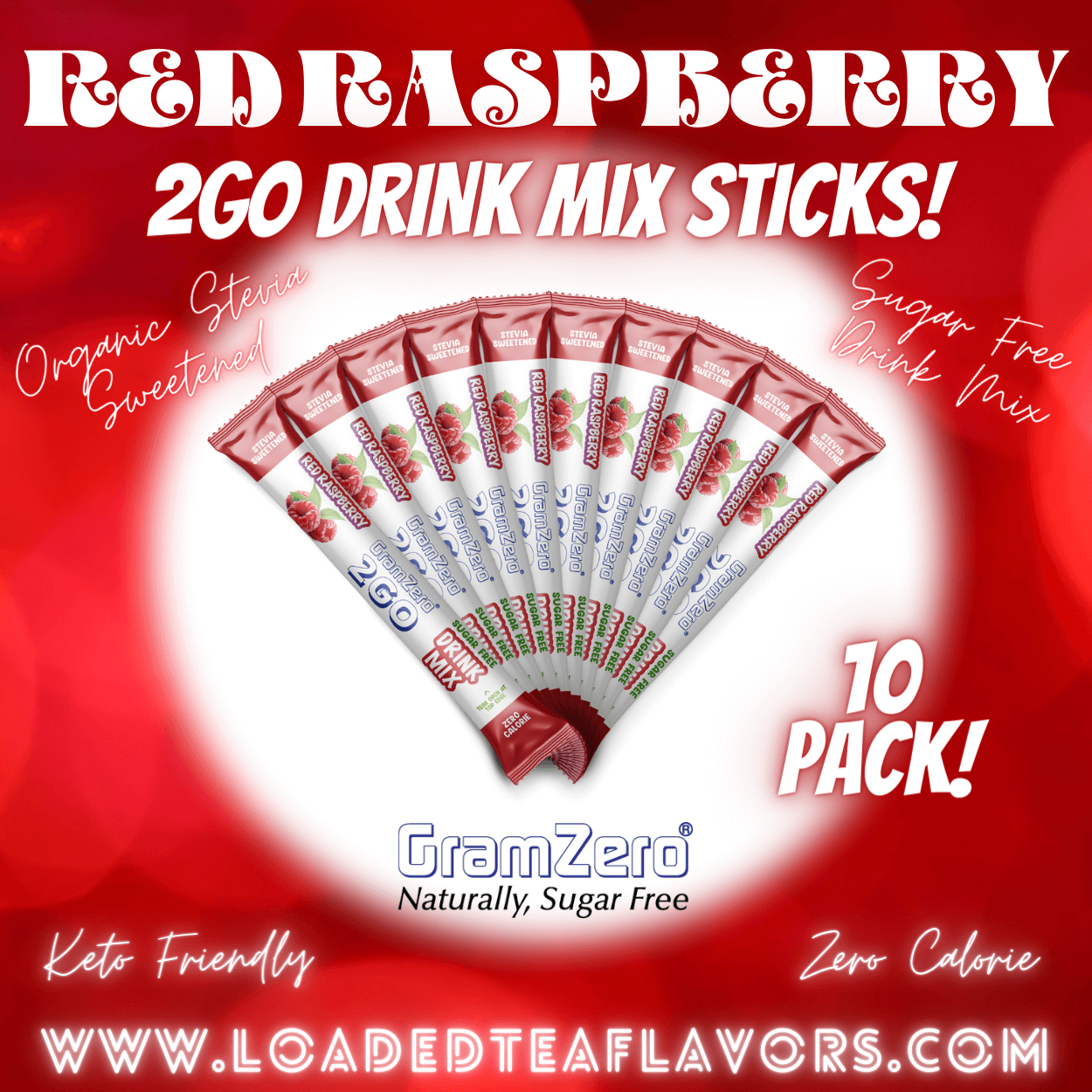 Red Raspberry Sugar Free Healthy Flavored Water Packets Without Aspartame Gramzero Stevia Drink Mix 2GO Sticks