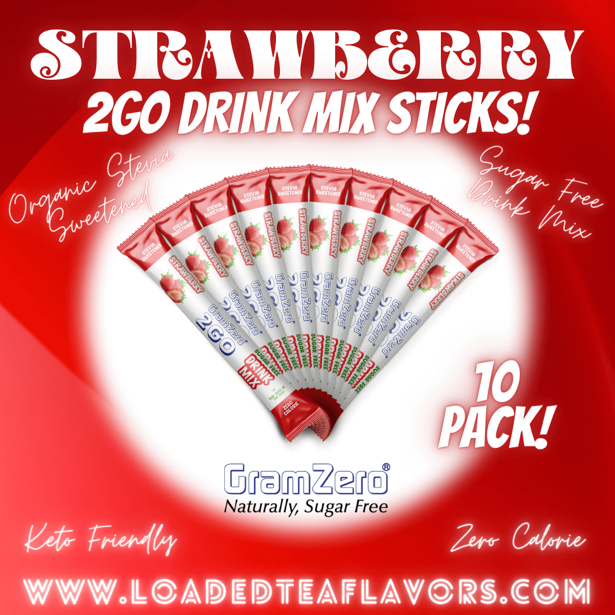 Strawberry Sugar Free Healthy Flavored Water Packets Without Aspartame Gramzero Stevia Drink Mix 2GO Sticks