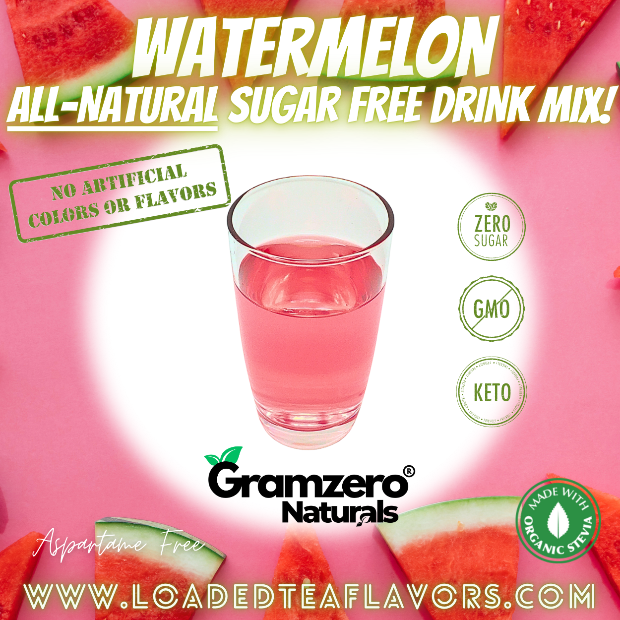 Watermelon All-Natural Sugar Free Drink Mix Non-GMO Beverage Mix Loaded Tea Flavoring Aspartame Free Keto Friendly GramZero